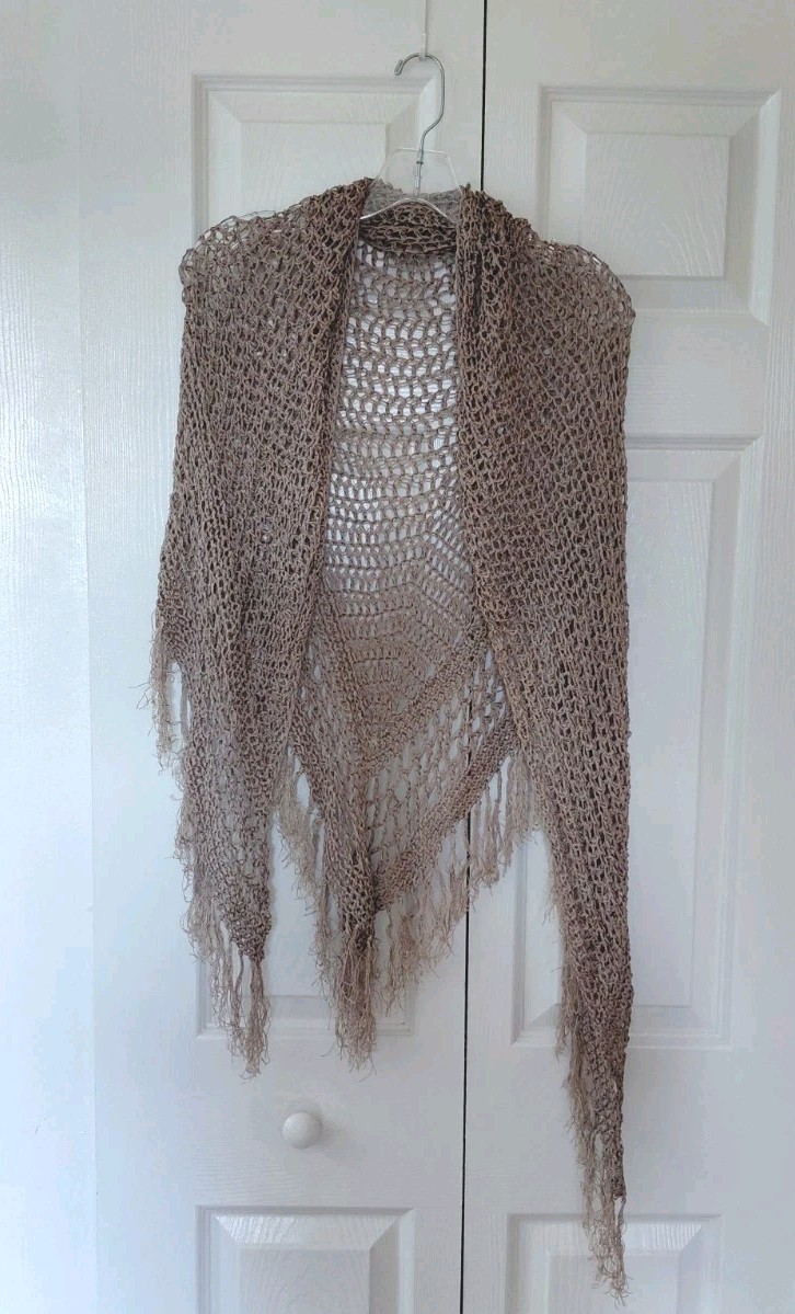 Boho Crochet Knit Fringe Shawl Wrap Triangle Scarf Beige Tan Summer Layering