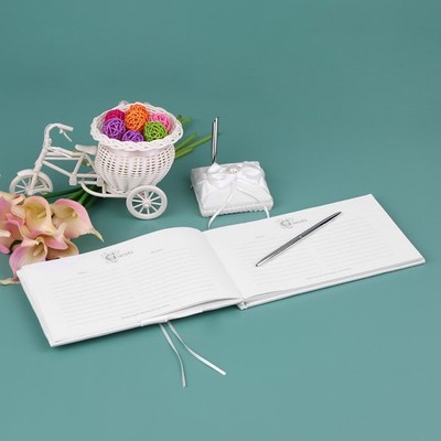 White Satin Ribbon Wedding Guset Signature Book And Pen Stand Set With YYHD