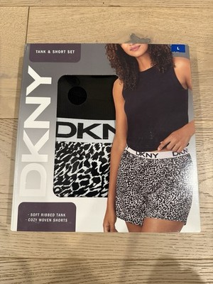 DKNY Black & White Sz. L Tank & Short Set Soft Ribbed Tank Cozy Woven Shorts New