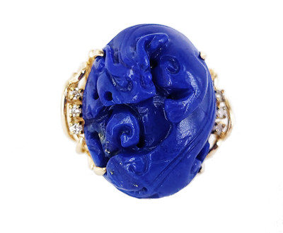 Vintage 14k Gold 28ct Hawaiian Carved Fu Dog Lapis Lazuli Diamond MCM Ring 6,5