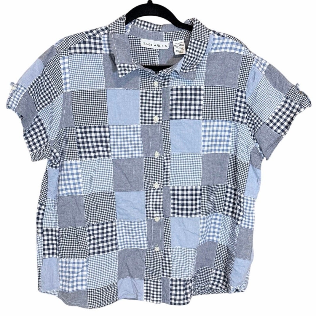 Sag Harbor Patchwork squares Gingham Button Front… - image 1
