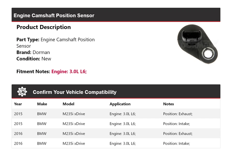 Sensor de posición del árbol de levas del motor Dorman 3,0 L L6 2015-2016 BMW M235i xDrive Foto 2 de 4
