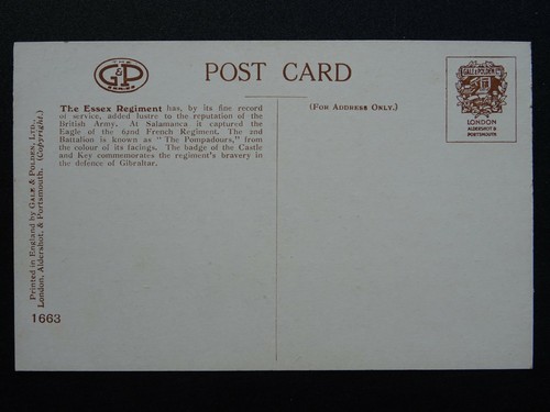 Postal de Gale & Polden 1663 con insignias de regimiento del regimiento de Essex - Imagen 2 de 2