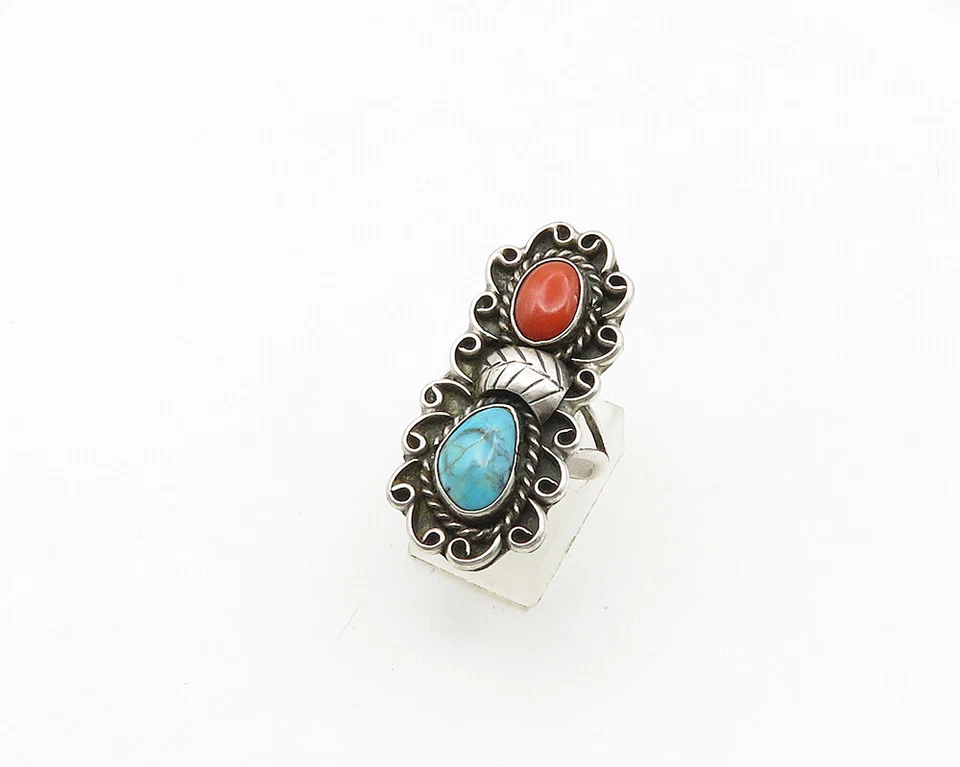 NAVAJO 925 Silver Vintage Turquoise & Coral Cocktail Ring Sz 7 RG18877 - Image 2 of 4