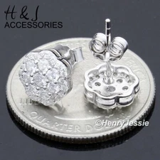 SOLID 925 STERLING SILVER 8MM ICY BLING CZ 3D FLORAL CLUSTER STUD EARRING*AE282