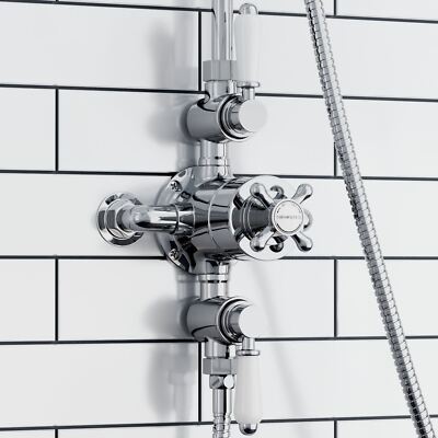 Dreifach Duschventil 2 Ausgänge Downton Thermostat Chrom Weiß Messing ENKI T86