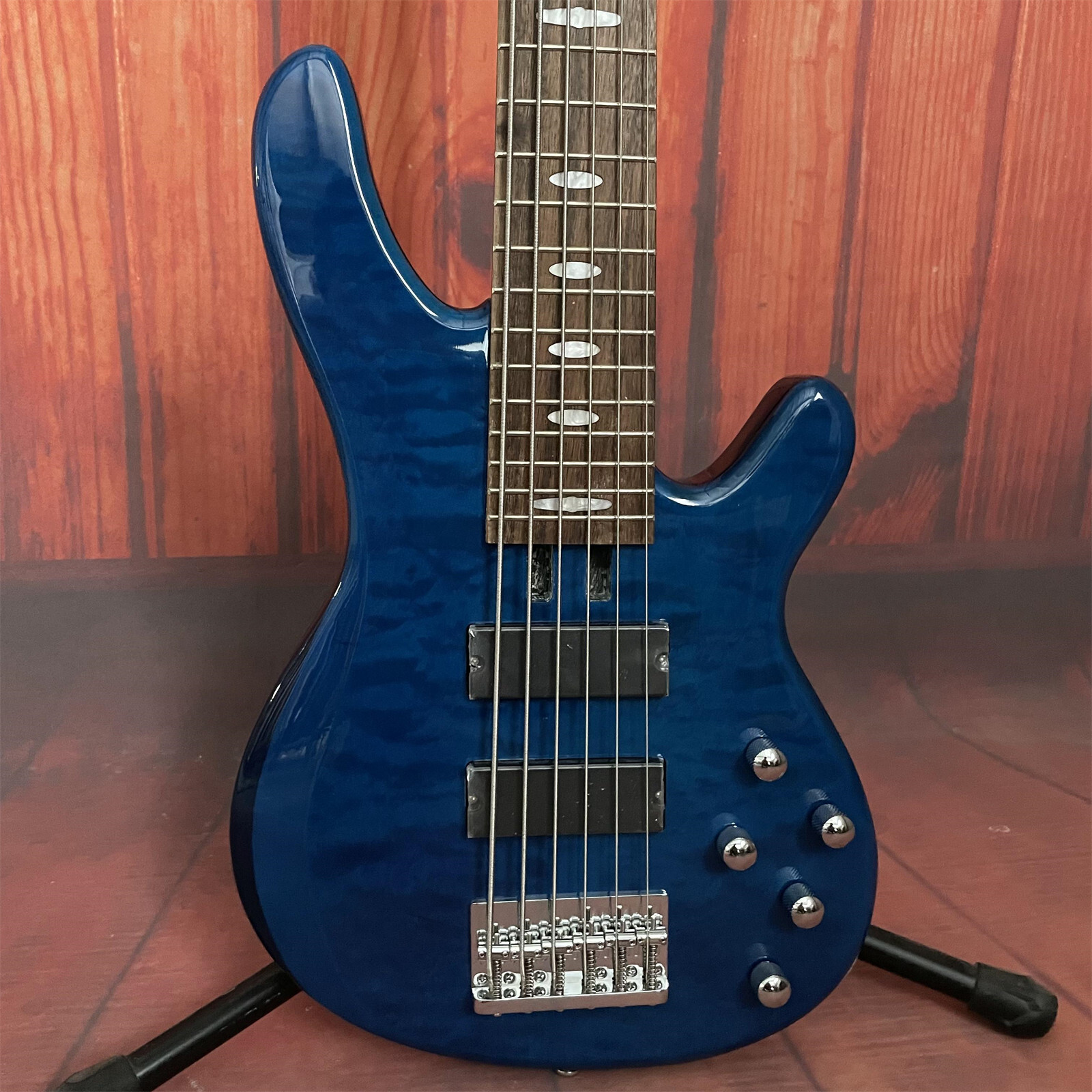 Factory Blue Quited Maple Top Electric Bass Guitar 6 String Basswood
