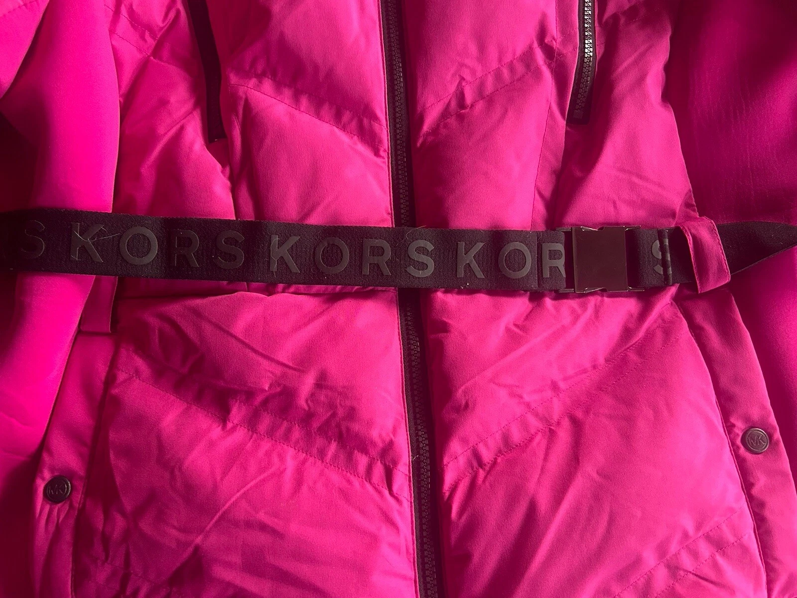 MICHAEL KORS donna 3XL rosa fucsia puffer scooba giacca con cintura cappuccio pelliccia sintetica MK