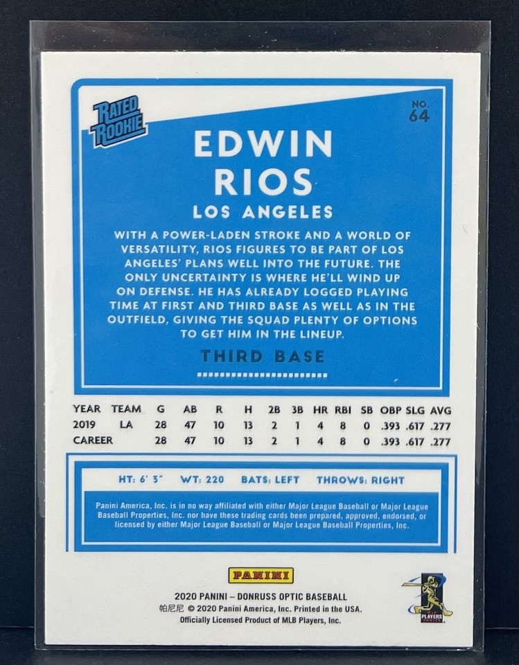 2020 Panini Donruss Optic Rated Rookie Edwin Rios #64 Los Angeles ...