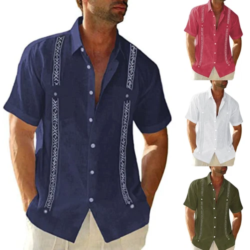 Men's Guayabera Cuban Beach Wedding Short Sleeve Button Up Casual Dress Shirt - Picture 2 of 30