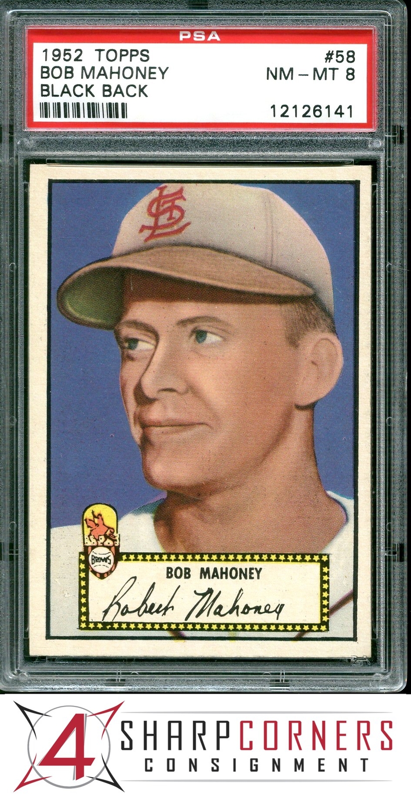 1952 TOPPS #58 BOB MAHONEY RC BROWNS BLACK BACK PSA 8 SET BREAK