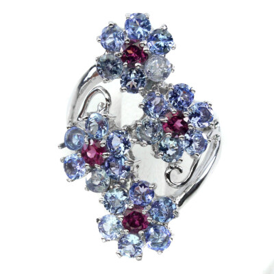 Sommer 925 Silberring Runder Tanzanit Rhodolith Edelstein Schmuck Größe 9