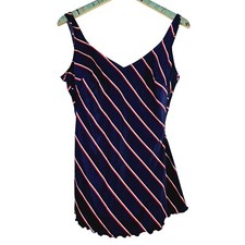 Vtg 1960-70s Striped Teenage Beachwear Corp One Piece Skirted Bathing Suit, 18