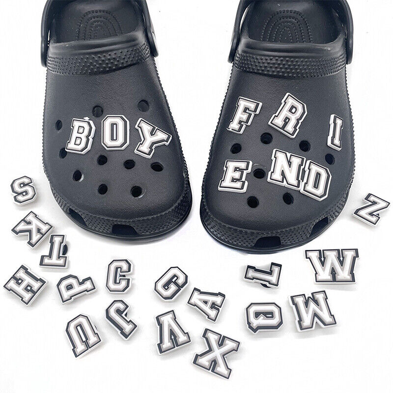 1PCS Black White Letter Alphabet A-Z Croc Shoe Charms DIY Jibz PVC Sandals  Accessories Decorate Wristband Buckle For Boys Girls Kids Party Lovely  Gifts