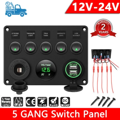 12V/24V 5 Gang Inline Fuse Box LED Switch Panel Dual USB Car Boat Truck Camper