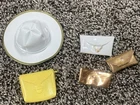 Vtg Barbie 1960s White Vinyl Clutch Purse Accessory, Gold Button Clutch, Hat +