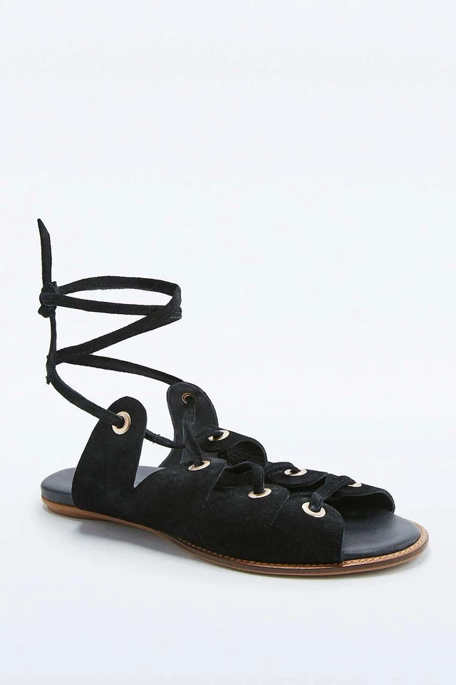Urban Outfitters Sandals Women’s Size 9 Bonnie Lace-Up Black Suede Rivet Grecian - Image 2 of 4