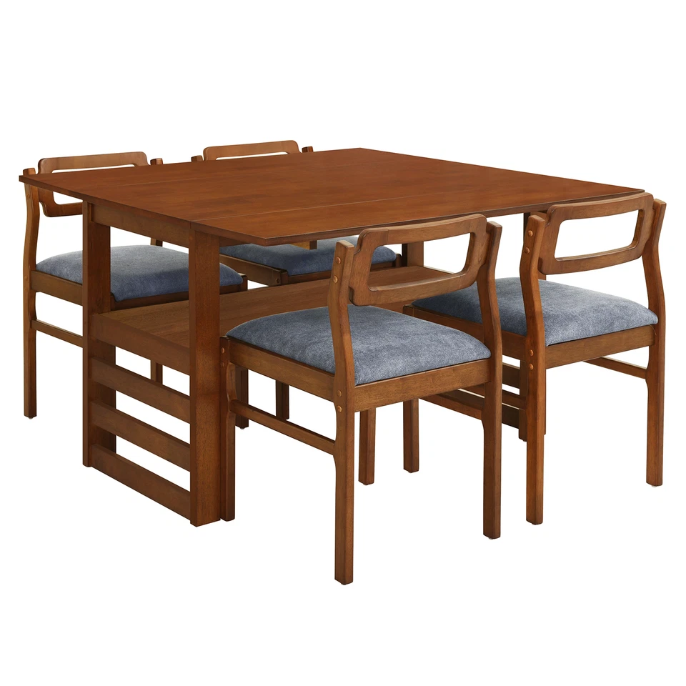 5 Pieces 47.2" Extendable Square Dining Table Set Two Drop Leaves 4 Chairs Brown - Image 2 of 4
