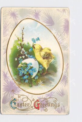 PPC Postcard Easter Greetings Chick With Flowers Gold Embossed