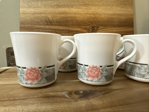 Vintage Corelle Silk & Roses Coffee Tea Cups By Corning Ware Set Of 7 USA Made