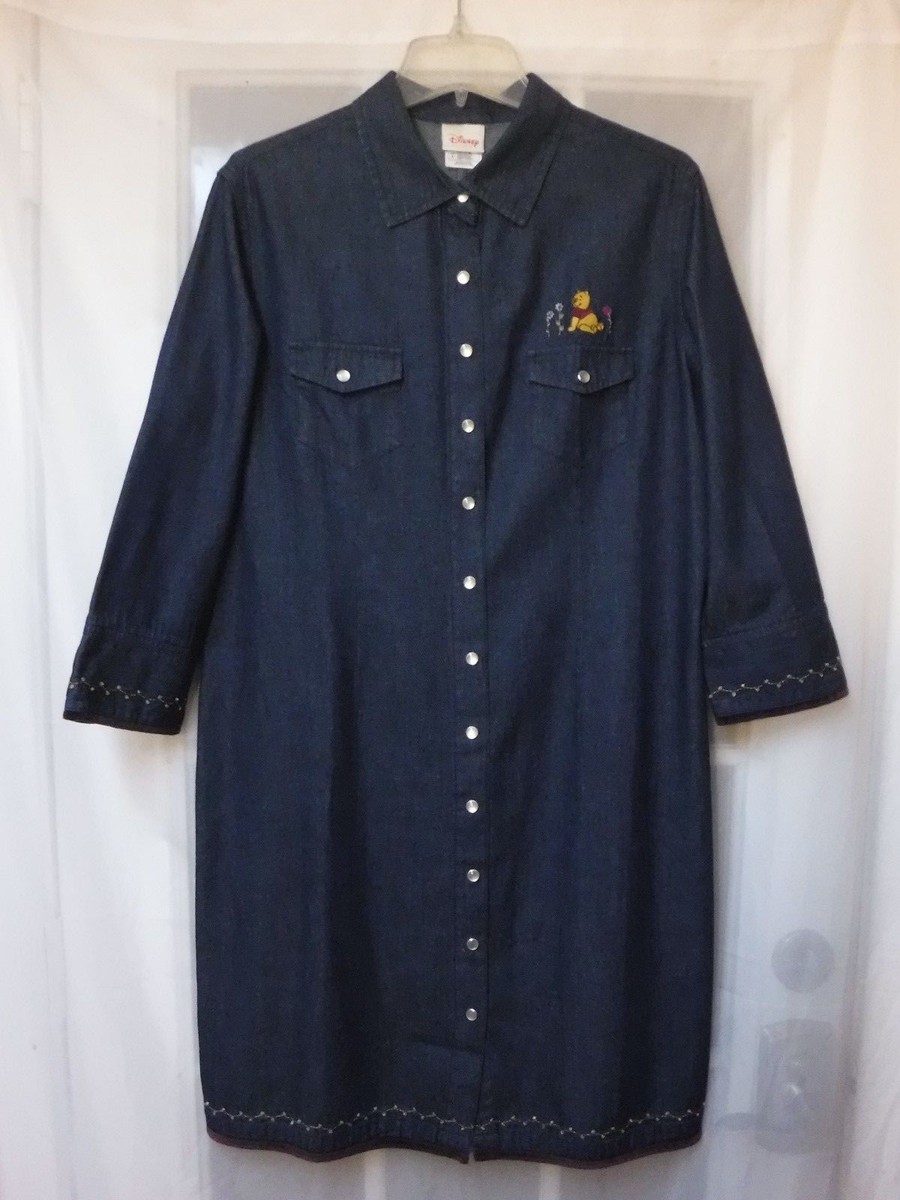 Disney Store Embroidery Pooh Snap ButtonUp 3/4 Sleeve Jean Dress Women L |  eBay