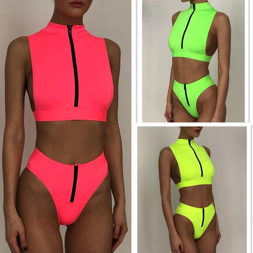Neon Zip Up Two Piece Swimsuit Summer Bathing Suit Turtleneck High