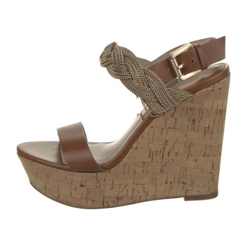 Women’s Michael Kors Brown Leather Chain-Link Accent Wedge Sandals. Size 6.