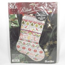 Bucilla Christmas Stocking Kit Cross Stitch Ribbon Embroidery Band Sampler 83309