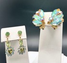 Vintage Estate Gold Tone Blue / Green Rhinestone Earrings 2 Pairs Clip On — photo 1