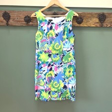 Talbots Womens Floral Ruffle Hem Shift Dress Green Blue Pink Size 8 Tropical