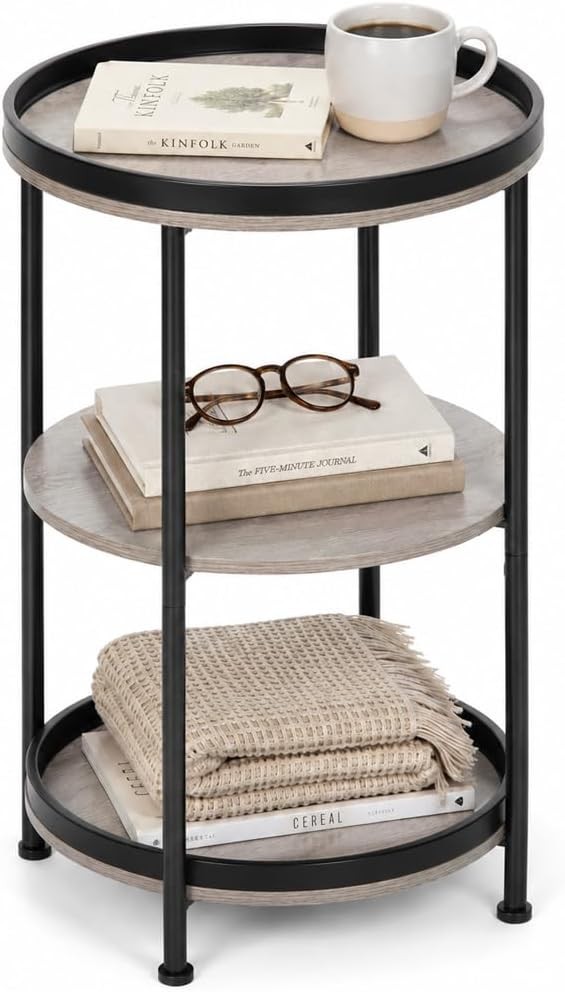 Round Side Table with 3 Shelves Steel Frame Oak Industrial Sofa End