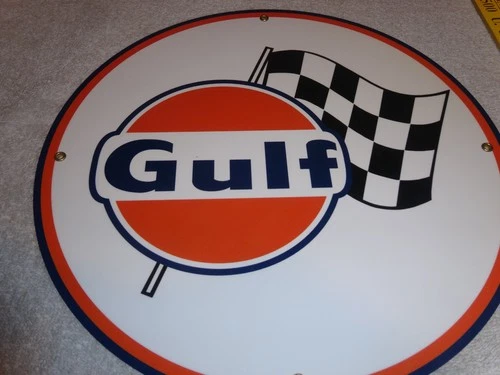 VINTAGE GULF RACING FLAG 12" PORCELAIN METAL GASOLINE & OIL SERVICE STATION SIGN