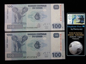 Congo 100 Francs 2013 Pair Elephant Central Bank Money 5a0819