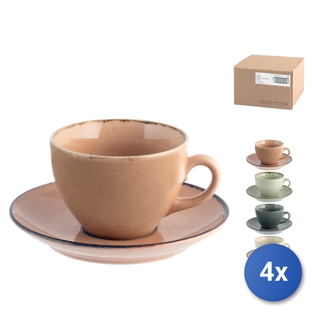 4X Set Of 4 Teacups With Saucers, Porcelain, Assorted Colors 200Cc