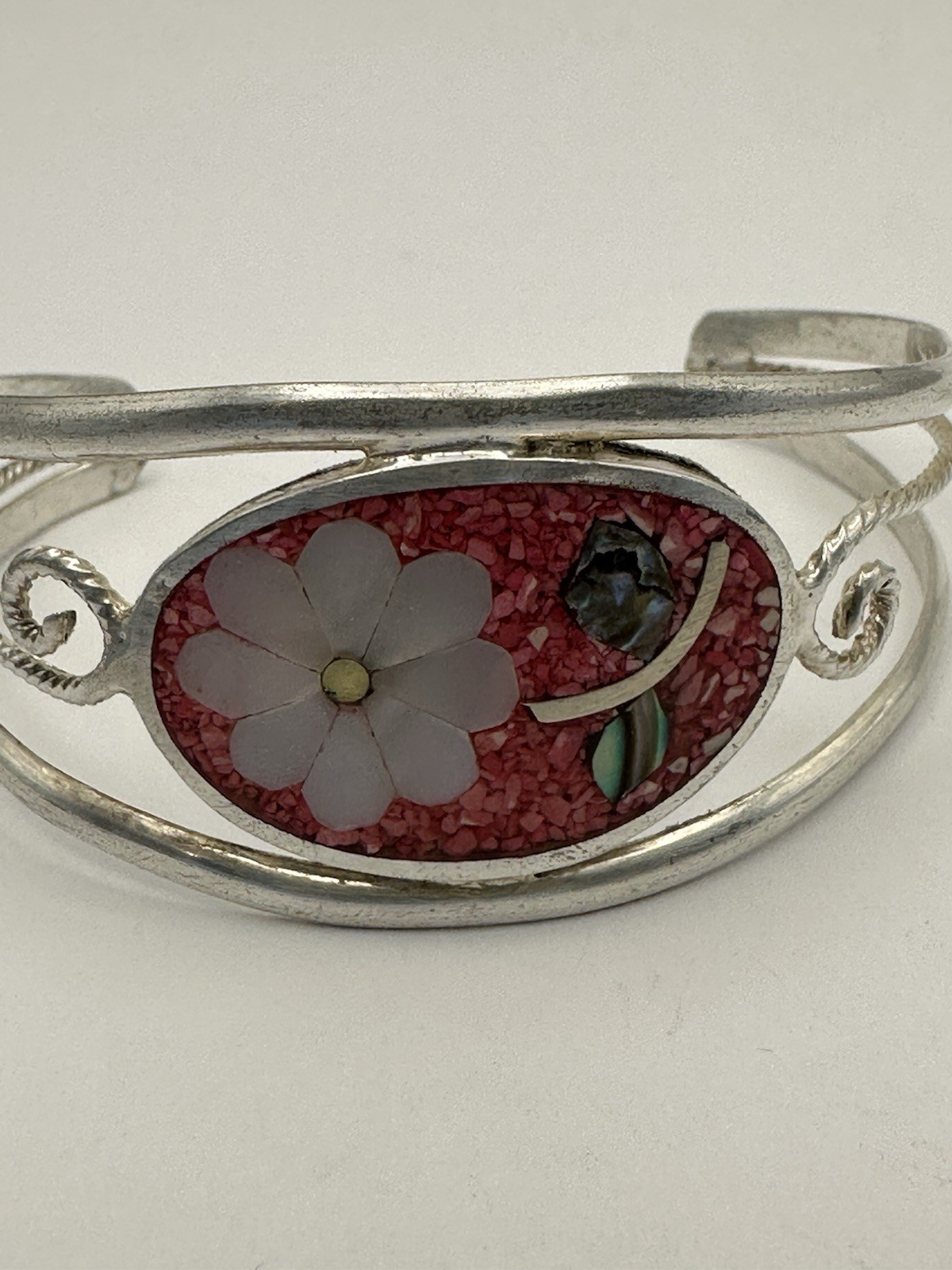 Alpaca Silver Cuff Abalone Shell Flower Inlay Whi… - image 10