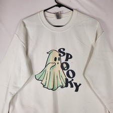 Gildan Heavy Blend White Spooky Ghost Halloween Crewneck Sweatshirt Medium