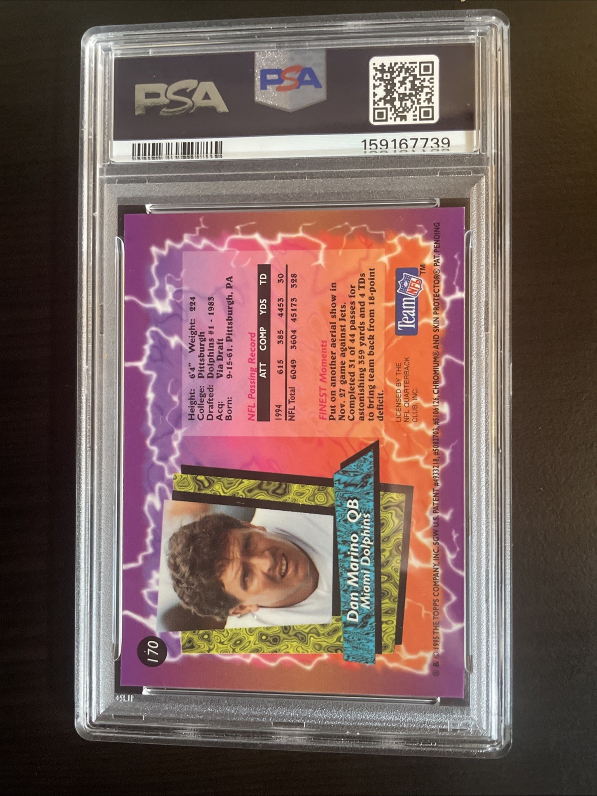 1995 Topps Finest - Dan Marino #170 PSA 10 view 2