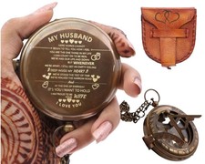 Engraved Brass Sundial Compass with Leather Case   Gift for Husband   Mere Wo...