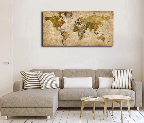 Vintage World Map Wall Art Canvas Picture Large Antiqued Office Wall Home Decor - Picture 2 of 3