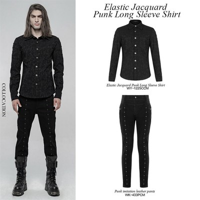 Punk Rave Men Elastic Jacquard Long Sleeve Shirt Gothic Simple Slim Blouses Top