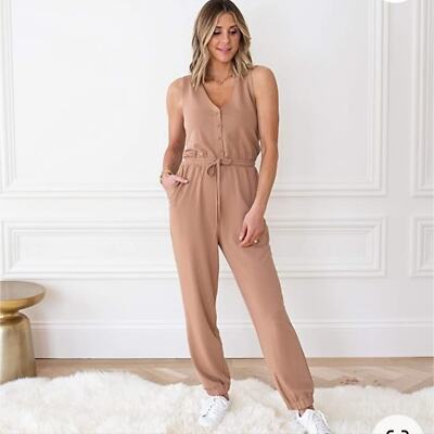NWT The Drop Women's Praline V-Neck Button-Down Jumpsuit cellajaneblog small