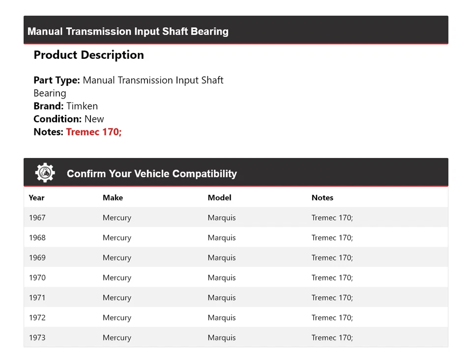 Cojinete de eje de entrada de transmisión manual para Mercury Marquis 1967-1973 Timken Foto 2 de 4