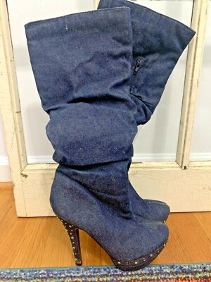 Fahrenheit size 6 Dominatrix Gothic Silver Spikes Blue Jeans Boots  kh11j1
