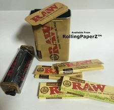 RAW SLIDE TOP TIN + Rolling Machine + 4 PACKS Organic & Classic 1 1/4 Papers