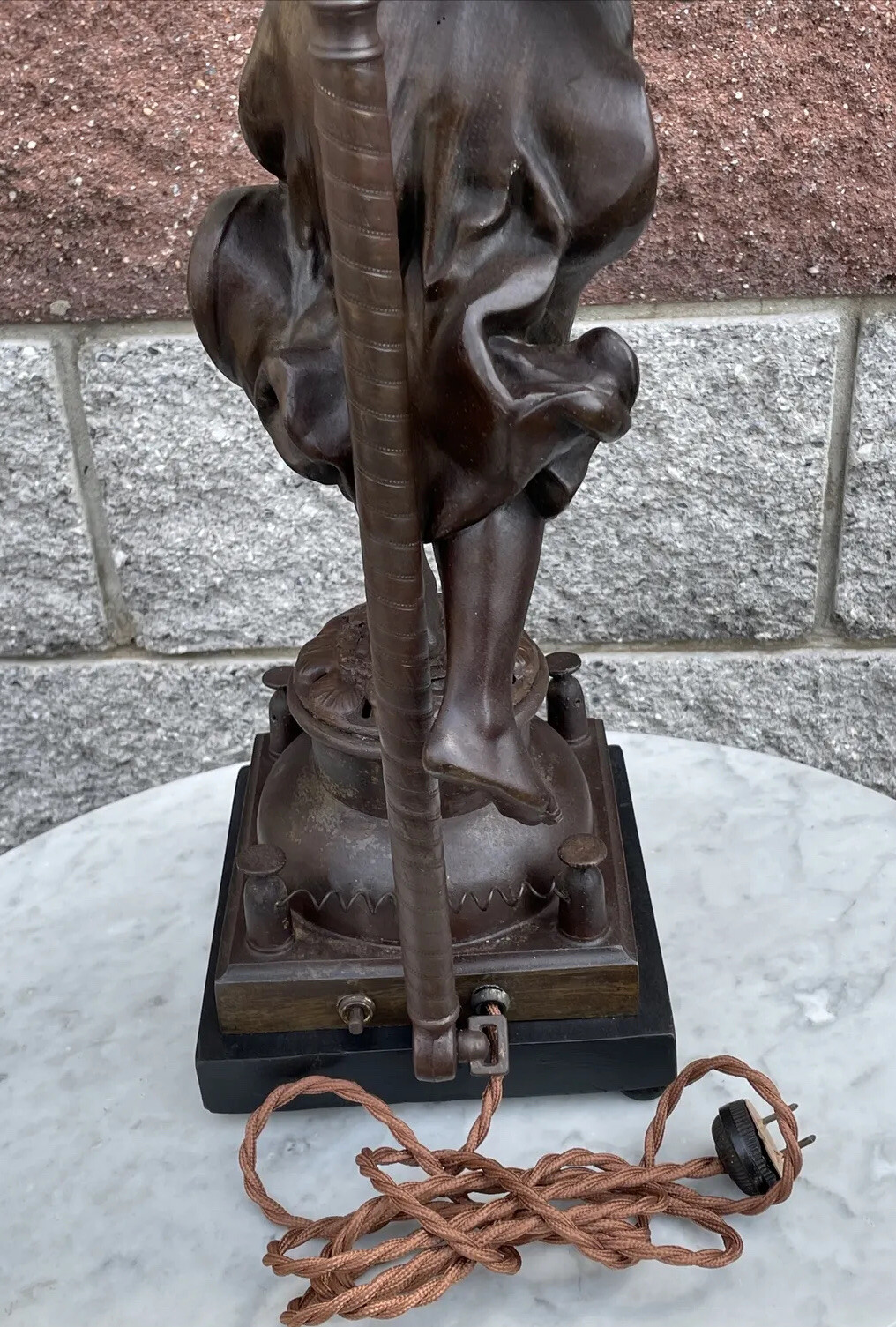 Antique Angel Oil Lamp Converted To Electric W/large Slag Glass Shade