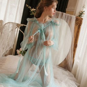 Sexy Lingerie Women Long Lace Kimono Robe Dress Sheer Gown See-Through Sleepwear