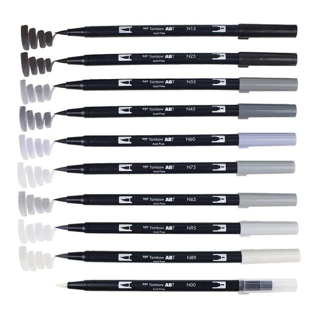 Tombow 56171 Dual Brush Pen Art Markers, Grayscale, 10Pack. Grayscale