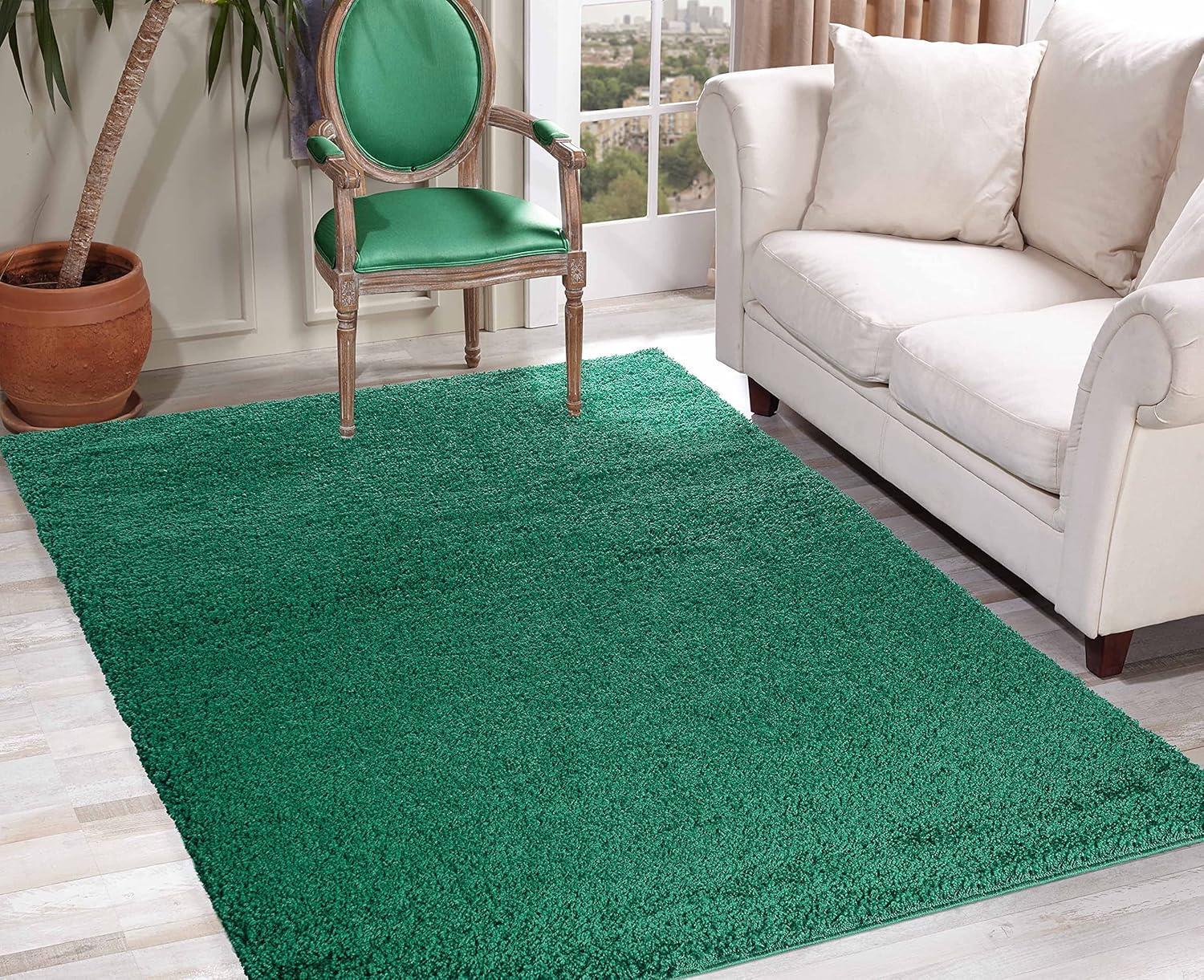 Serdim Rugs Plain Living Room Shaggy Area Rugs, Emerald, 120x170cm
