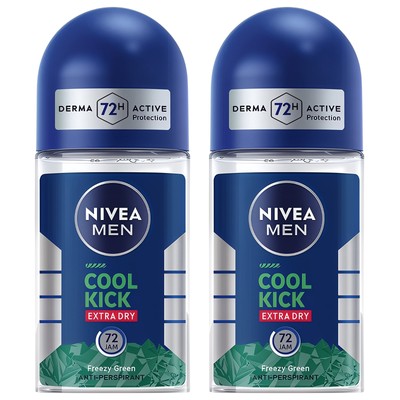 2 Pack Nivea Men 72H Cool Kick Extra Dry Freezy Green Roll-On Antiperspirant