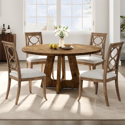 Round Dining Table ,Farmhouse Wooden Kitchen Table Dinner Table w/Pedestal Base